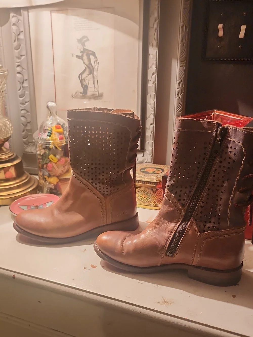 BedStu Women's Tan Leather Perforated Ankle Boots